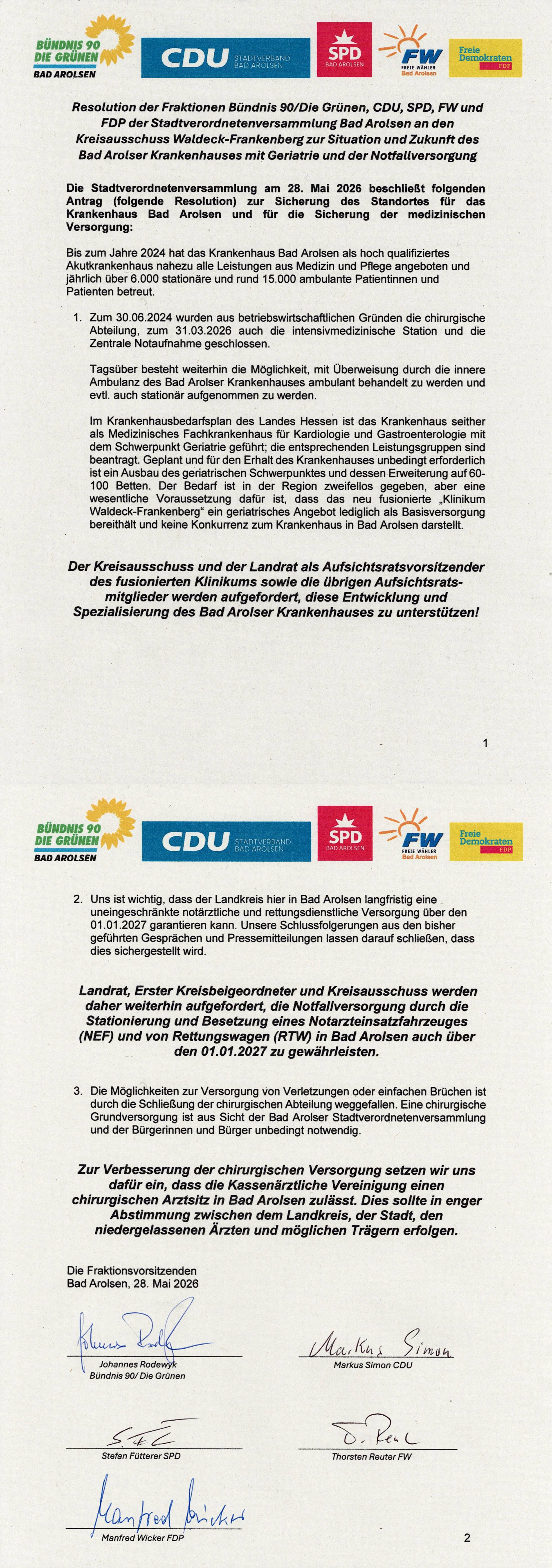 �berparteiliche Resolution zur Zukunft des Bad Arolser Krankenhauses
